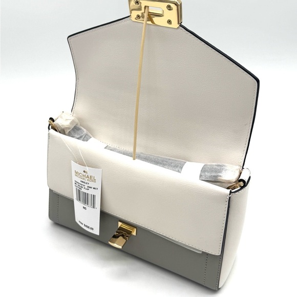 Michael Kors Kinsley leather Medium shoulder Flap Crossbody Bag Optic White - Picture 8 of 9